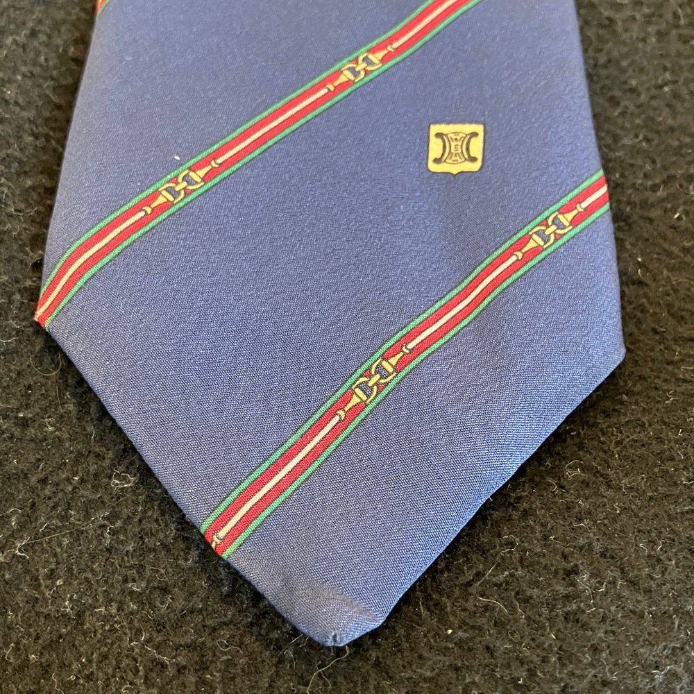 Vintage Celine Navy Tie with Red and Green Stripes and Triomphe logo
